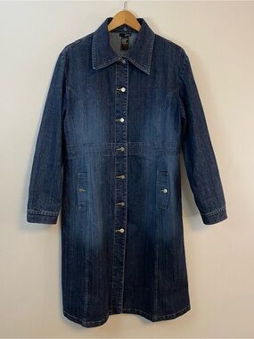 Kenzie Vintage Denim Long Trucker Jacket Button Up Cotton Y2K Midi Womens 12